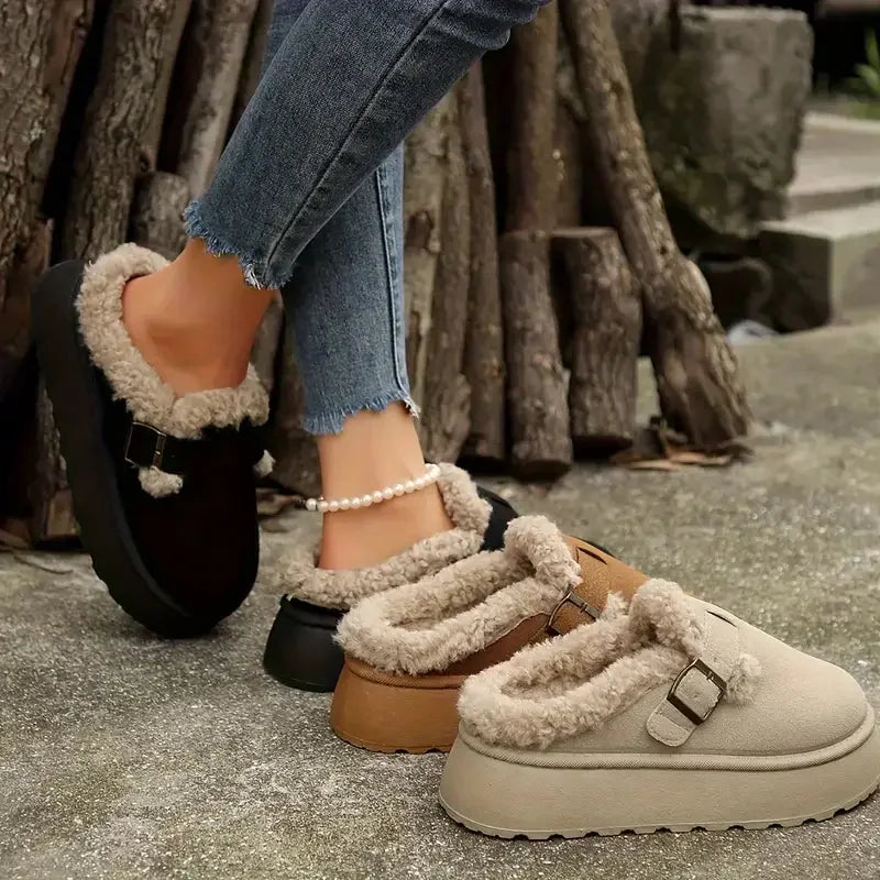 Women's Cozy Faux Fur Lined Slip-On Slippers with Buckle Strap