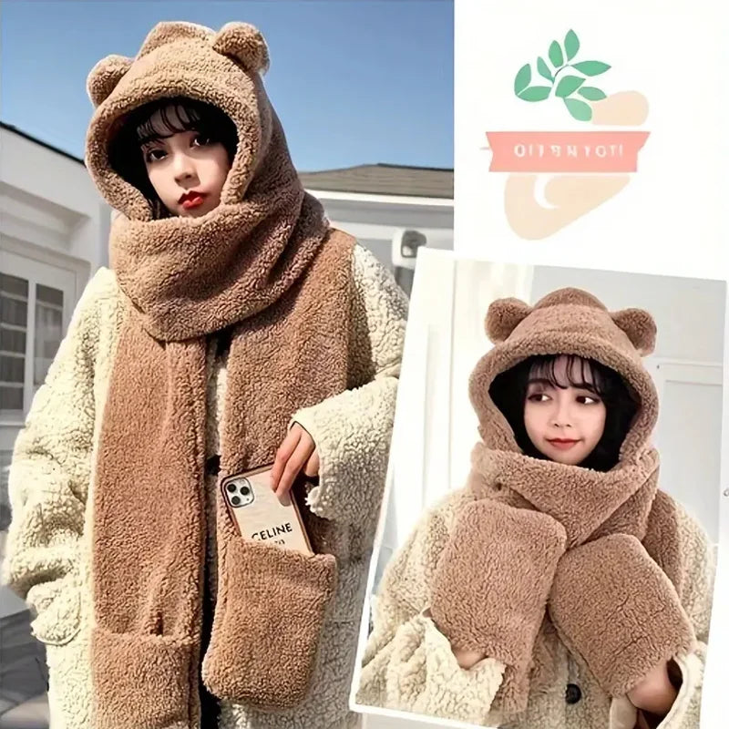 Soft Plush Bear Hat, Scarf, Gloves Combo