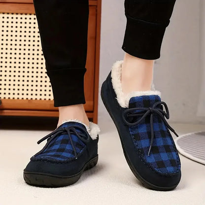 Cozy Fleece-Lined Plaid Slippers for Men