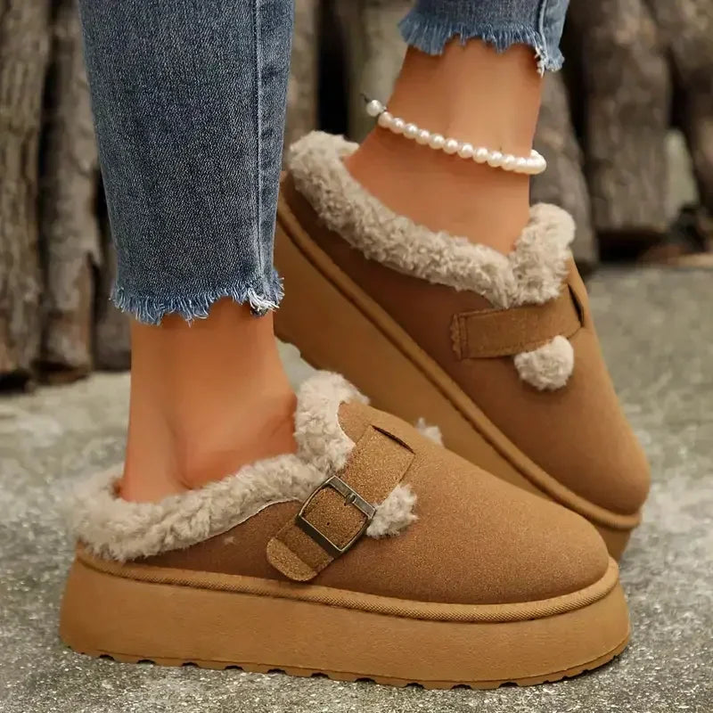 Women's Cozy Faux Fur Lined Slip-On Slippers with Buckle Strap