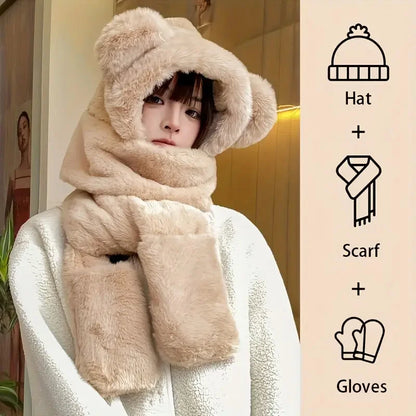 Soft Plush Bear Hat, Scarf, Gloves Combo