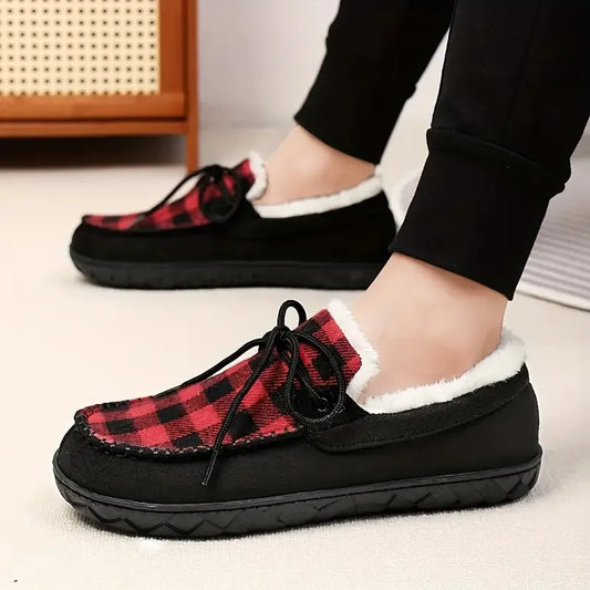 Cozy Fleece-Lined Plaid Slippers for Men