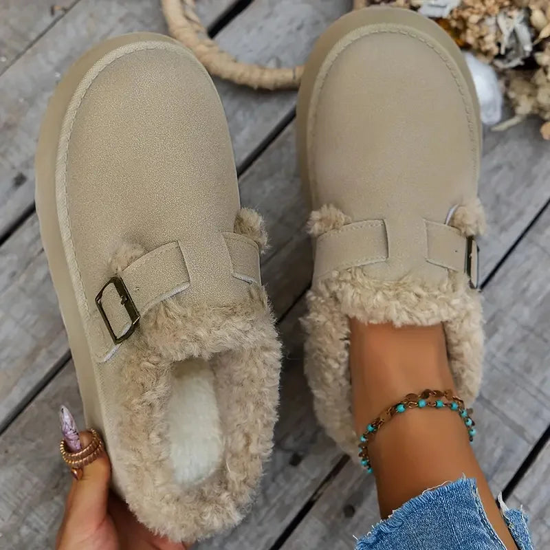 Women's Cozy Faux Fur Lined Slip-On Slippers with Buckle Strap