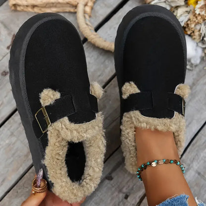 Women's Cozy Faux Fur Lined Slip-On Slippers with Buckle Strap