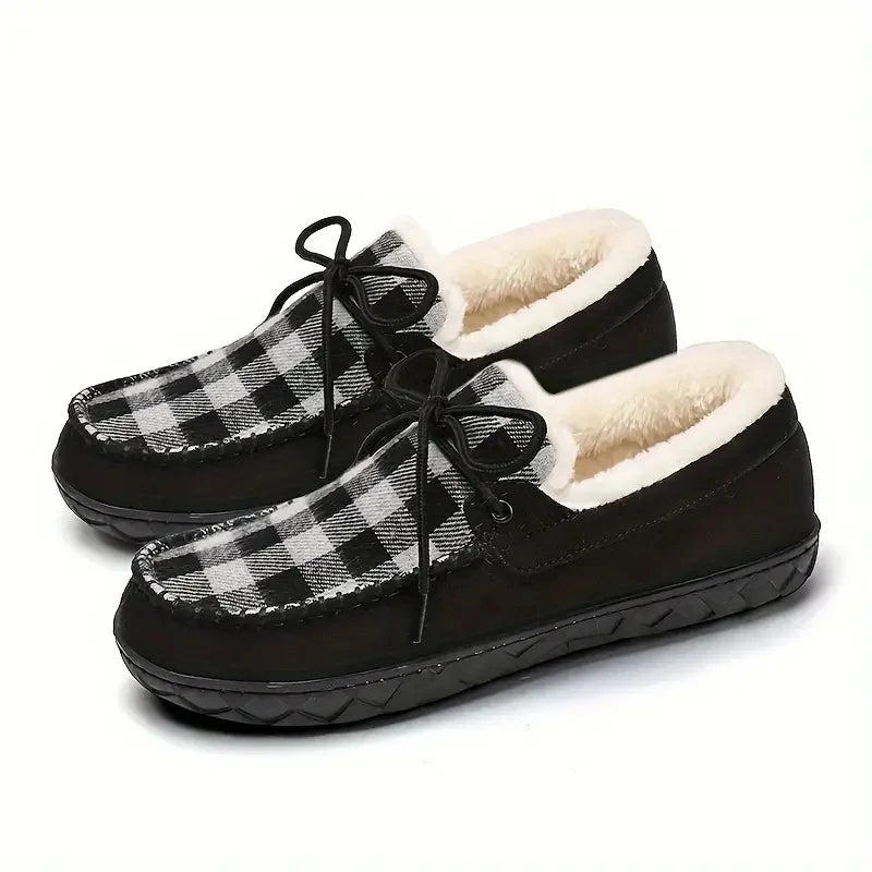 Cozy Fleece-Lined Plaid Slippers for Men