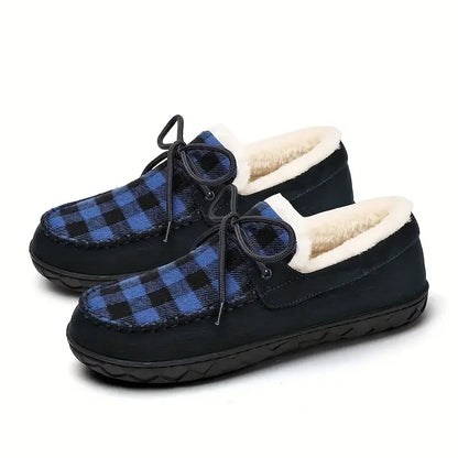 Cozy Fleece-Lined Plaid Slippers for Men