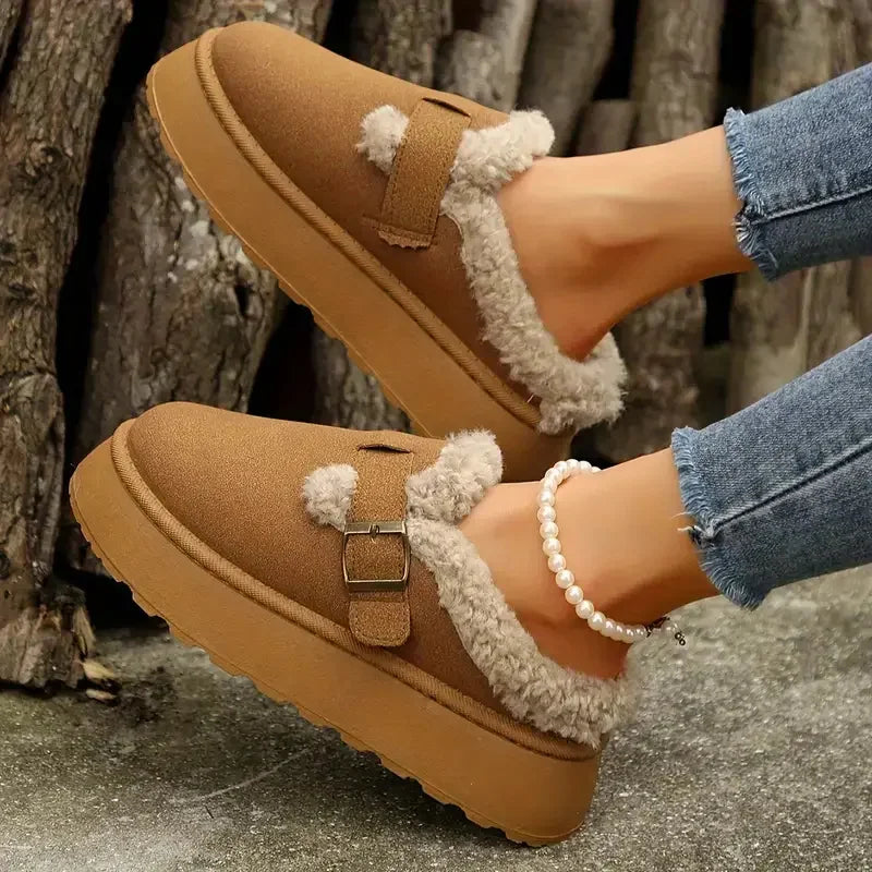 Women's Cozy Faux Fur Lined Slip-On Slippers with Buckle Strap