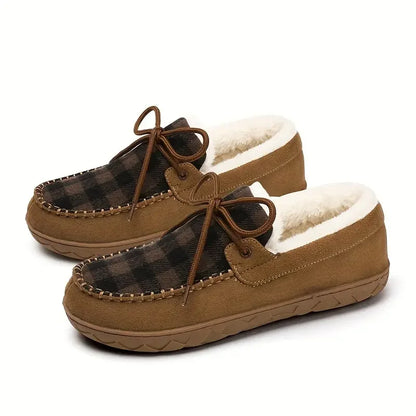 Cozy Fleece-Lined Plaid Slippers for Men