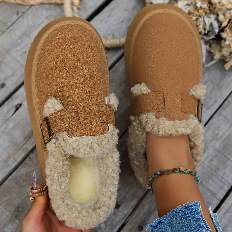 Women's Cozy Faux Fur Lined Slip-On Slippers with Buckle Strap