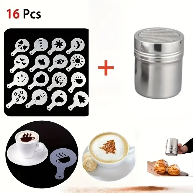 (16pcs) Coffee Decorating Stencils - Plastic Mesh Powder Shaker - Piachoi Store