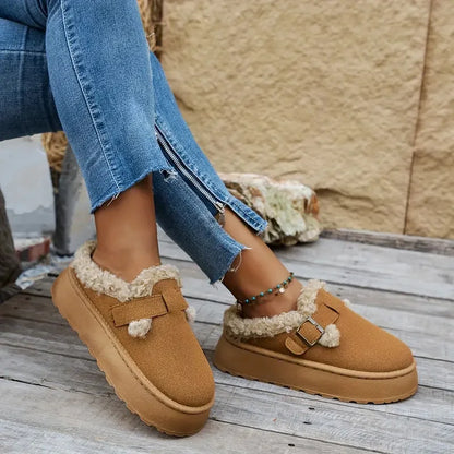 Women's Cozy Faux Fur Lined Slip-On Slippers with Buckle Strap