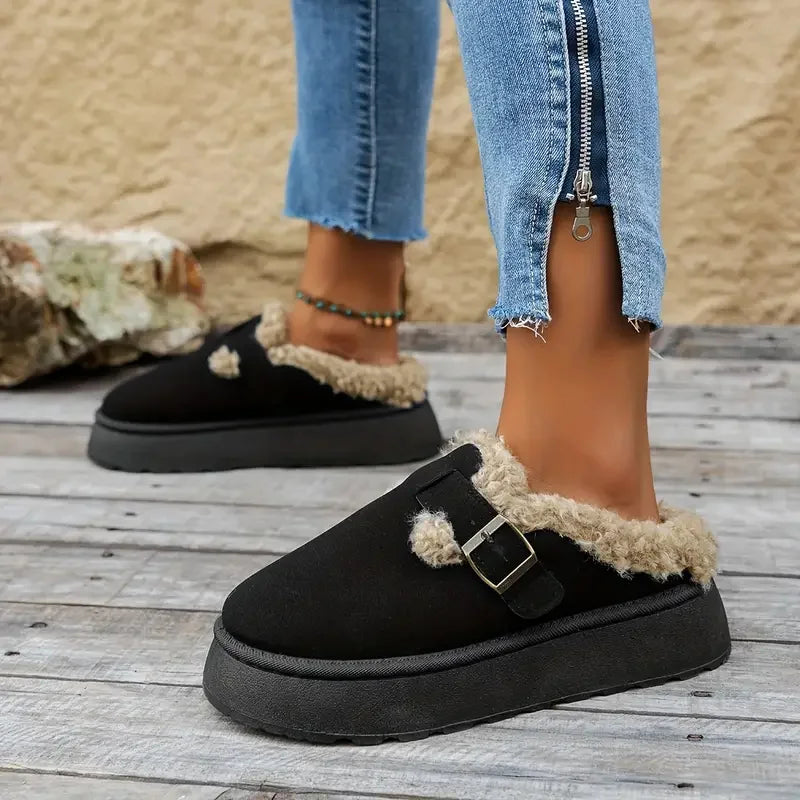 Women's Cozy Faux Fur Lined Slip-On Slippers with Buckle Strap